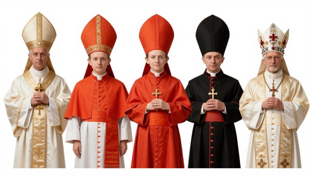 Różne nakrycia głowy dostojników kościelnych - mitry, piuski i tiary