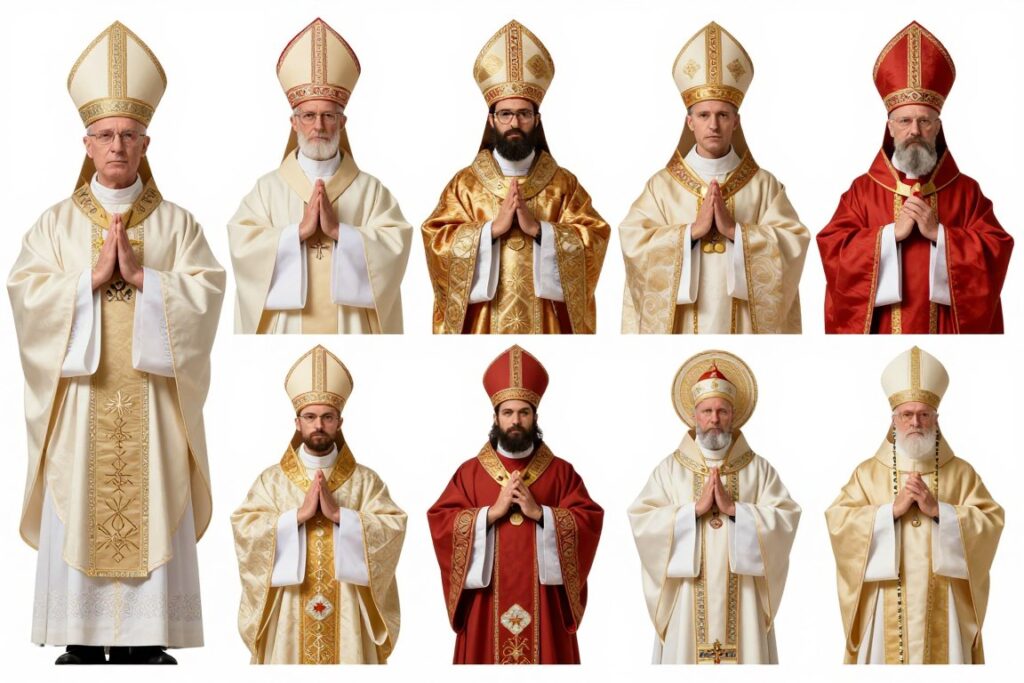 Różne rodzaje mitr używanych w różnych obrządkach chrześcijańskich