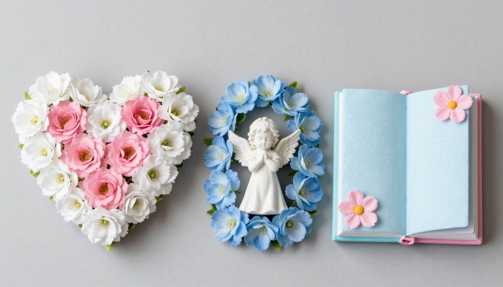 Różne rodzaje stroików na cmentarz dla dziecka - serce, kompozycja z aniołkiem i stroik w kształcie książeczki Różne rodzaje stroików na cmentarz dla dziecka - serce, kompozycja z aniołkiem i stroik w kształcie książeczki