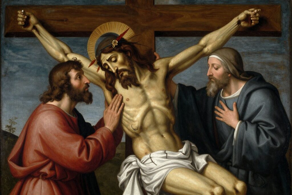 Scena ukrzyżowania Chrystusa z dobrym łotrem, nawiązująca do piątej modlitwy św. Brygidy Scena ukrzyżowania Chrystusa z dobrym łotrem, nawiązująca do piątej modlitwy św. Brygidy