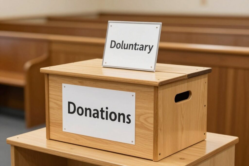 Skrzynka na dobrowolne datki w Sali Królestwa świadków Jehowy, główne źródło finansowania organizacji