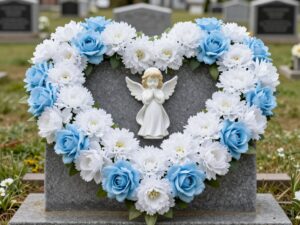 Stroik na cmentarz dla dziecka w pastelowych kolorach z białymi i niebieskimi kwiatami