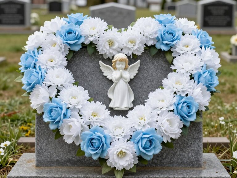Stroik na cmentarz dla dziecka w pastelowych kolorach z białymi i niebieskimi kwiatami