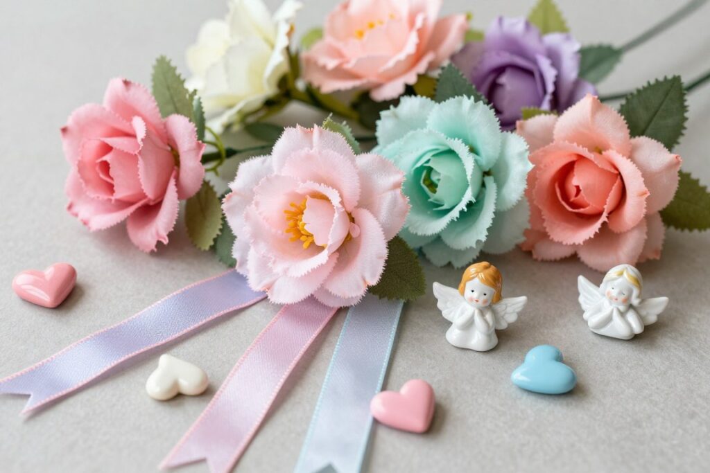 Stroik na cmentarz dla dziecka wykonany z wysokiej jakości sztucznych kwiatów i dodatków Stroik na cmentarz dla dziecka wykonany z wysokiej jakości sztucznych kwiatów i dodatków