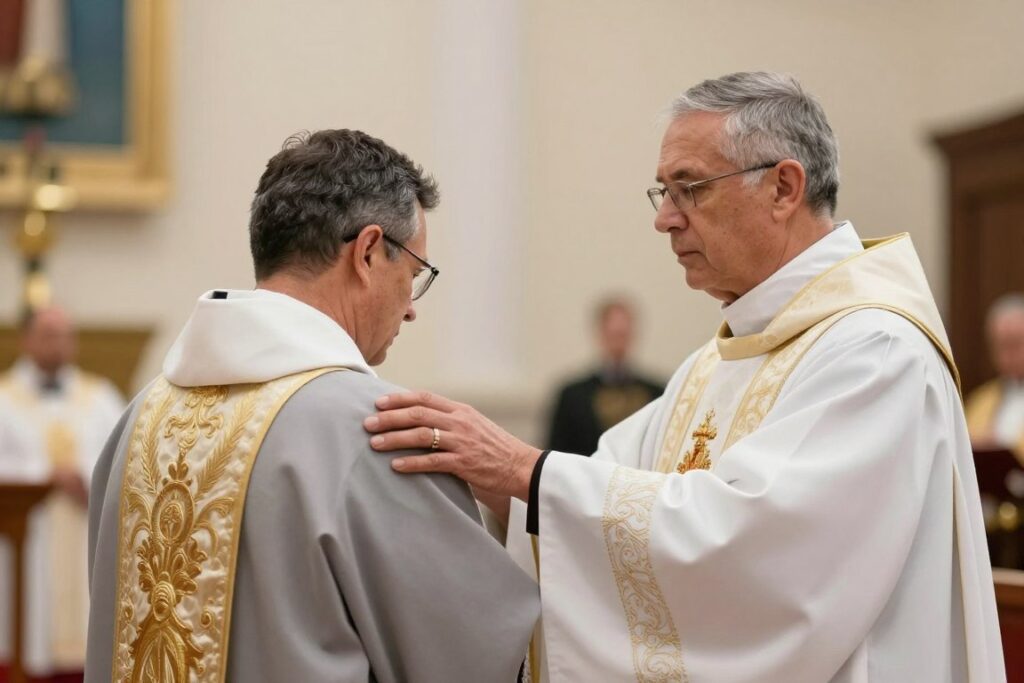 Świadek bierzmowania stojący za kandydatem podczas ceremonii