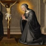 Święta Brygida Szwedzka klęcząca przed krucyfiksem w Bazylice św. Pawła za Murami w Rzymie