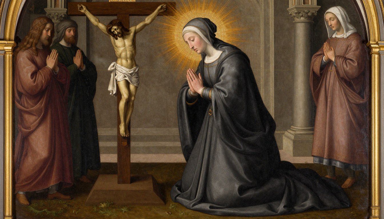 Święta Brygida Szwedzka klęcząca przed krucyfiksem w Bazylice św. Pawła za Murami w Rzymie