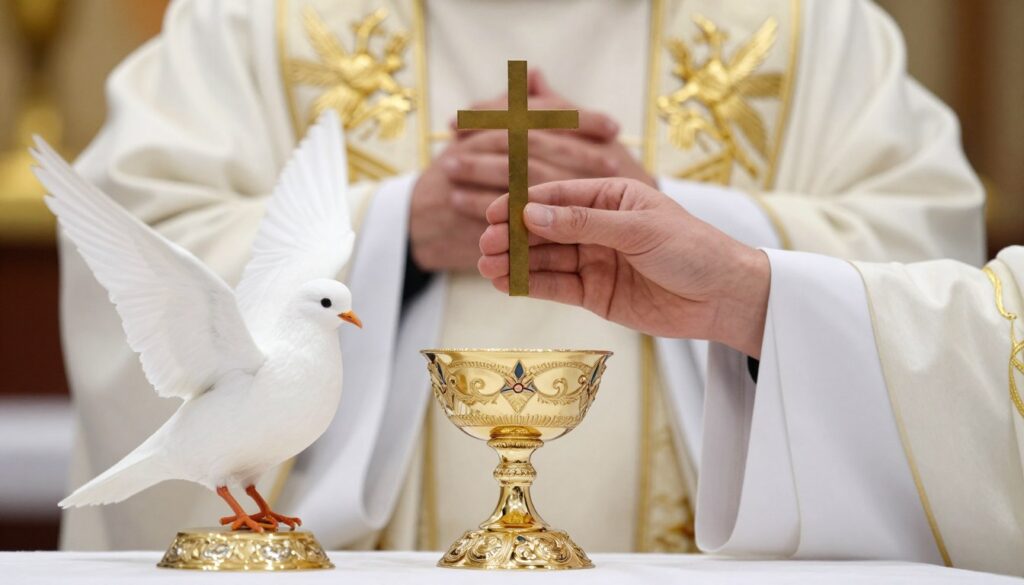 Symbole bierzmowania - gołębica jako symbol Ducha Świętego i krzyżmo
