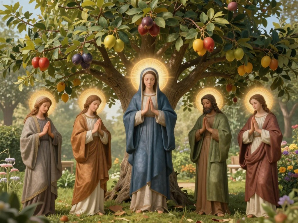 Symboliczne przedstawienie duchowych owoców modlitwy - drzewo z owocami symbolizującymi łaski duchowe Symboliczne przedstawienie duchowych owoców modlitwy - drzewo z owocami symbolizującymi łaski duchowe