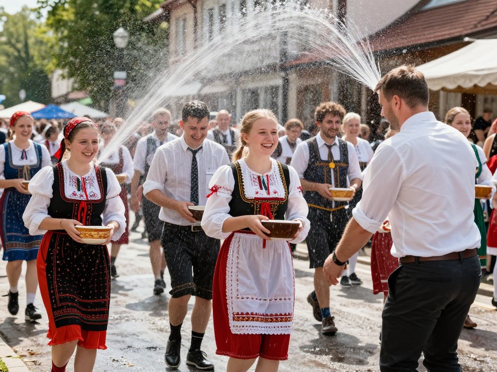 Tradycyjne obchody śmigusa-dyngusa w Poniedziałek Wielkanocny, ludzie oblewający się wodą Tradycyjne obchody śmigusa-dyngusa w Poniedziałek Wielkanocny, ludzie oblewający się wodą