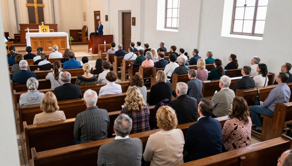 Wierni zgromadzeni na niedzielnej mszy świętej w wypełnionym kościele