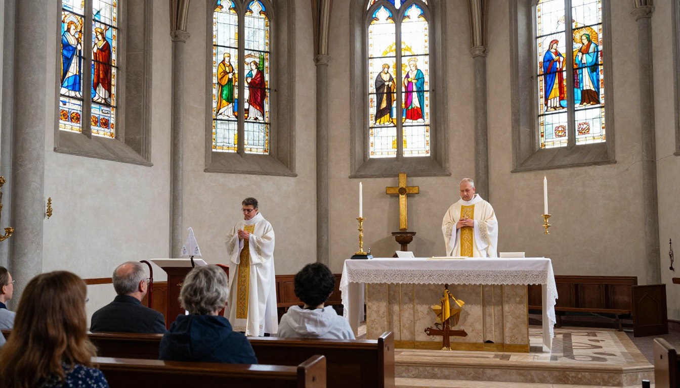 Wnętrze kościoła podczas mszy świętej z widokiem na ołtarz i wiernych