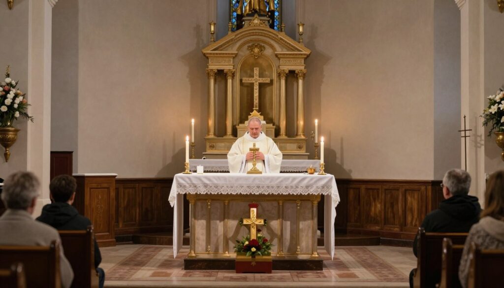 Wnętrze kościoła z widokiem na ołtarz, gdzie odprawiana jest msza w intencji zmarłego Wnętrze kościoła z widokiem na ołtarz, gdzie odprawiana jest msza w intencji zmarłego