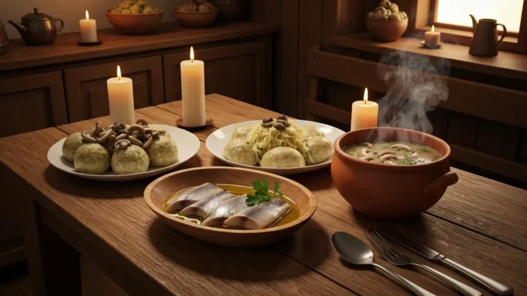 Potrawy postne na drewnianym stole w klasztornej kuchni - sledzie, pierogi i zupa grzybowa