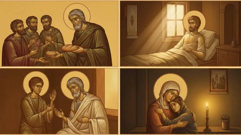 Ilustracja przedstawiająca uczynki miłosierdzia - postać pomagająca ubogim w stylu ikonografii chrześcijańskiej