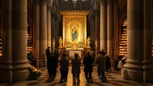 Pielgrzymi przed cudownym obrazem Matki Bożej w polskim sanktuarium maryjnym
