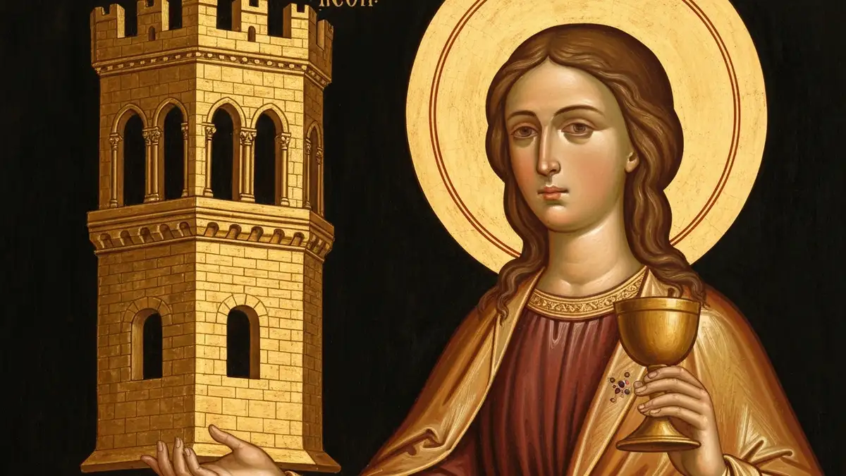Święta Barbara trzymająca wieżę z trzema oknami i kielich eucharystyczny, obraz ikonograficzny