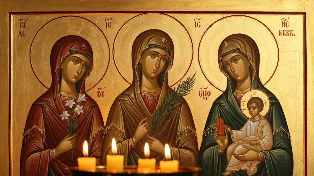 Ikona przedstawiajaca swiate patronki kobiet w ciazy trzymajace symbole macierzynstwa na zlotym tle