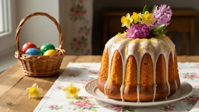 Babka wielkanocna drozdżowa pokryta białym lukrem cytrynowym na wielkanocnym stole z wiosennymi kwiatami