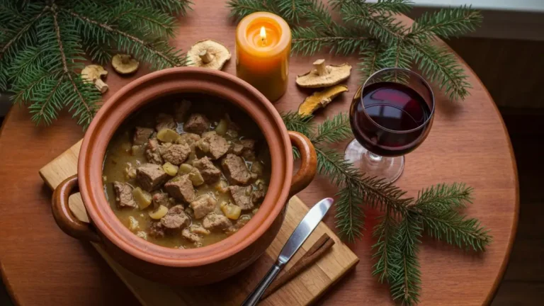 Bigos staropolski w glinianym garnku na stole wigilijnym z gałązką świerku i świecą
