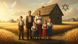 Błogosławiona rodzina Ulmów - portret rodziny na tle wiejskiego domu w Markowej