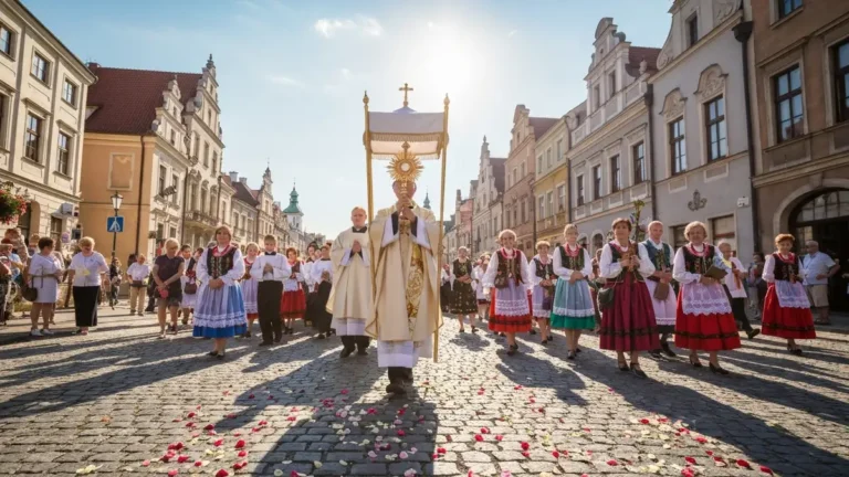 Procesja Bozego Ciala ulicami polskiego miasta - monstrancja i wierni