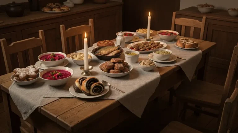 Stol wigilijny w kuchni klasztornej z potrawami postnymi i swiecami