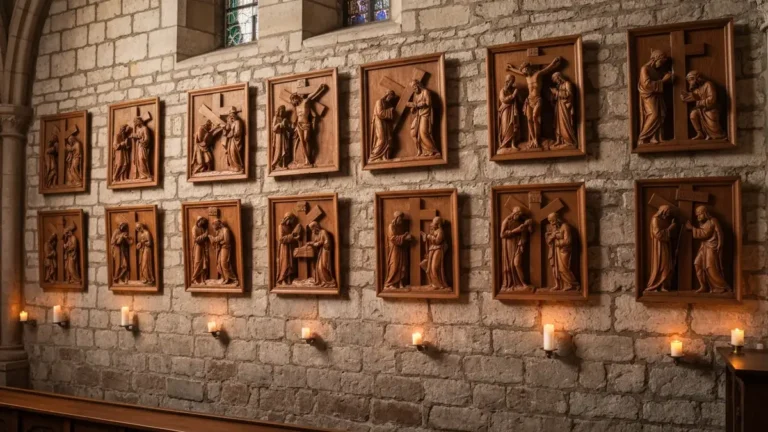 Drewniane stacje Drogi Krzyżowej w kościele katolickim podczas Wielkiego Postu