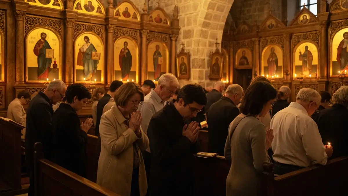Wierni modlacy sie wspolnie litania do wszystkich swietych w kosciele podczas uroczystosci 1 listopada