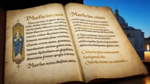 Litania Loretańska - iluminowany rękopis z tytułami Maryi na tle sanktuarium w Loreto