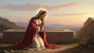 Maria Magdalena klęcząca przy pustym grobie o wschodzie słońca, scena biblijna, malarstwo klasyczne