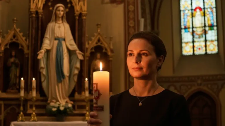 Matka Boża Gromniczna - płonąca gromnica w dłoniach wiernej kobiety w kościele 2 lutego