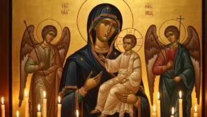 Ikona Matki Bożej Nieustającej Pomocy - bizantyjski obraz z Dzieciątkiem Jezus i aniołami