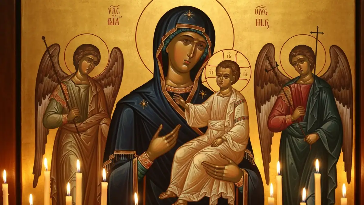 Ikona Matki Bożej Nieustającej Pomocy - bizantyjski obraz z Dzieciątkiem Jezus i aniołami