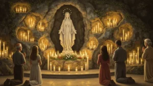 Grota Massabielle w Lourdes z figura Matki Bozej i pielgrzymami modlacymi sie przy swiecznikach