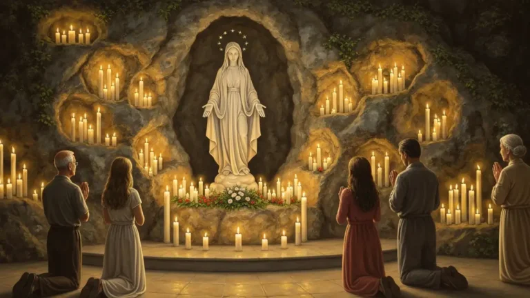 Grota Massabielle w Lourdes z figura Matki Bozej i pielgrzymami modlacymi sie przy swiecznikach