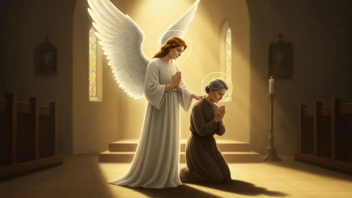 Anioł Stróż czuwający nad modlącym się dorosłym - ilustracja religijna