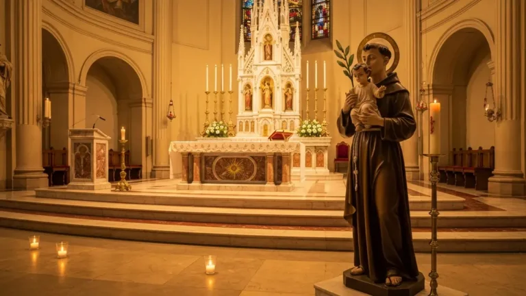 Swieta figurka sw. Antoniego z Padwy z lilią i Dzieciatkiem Jezus w kosciele katolickim