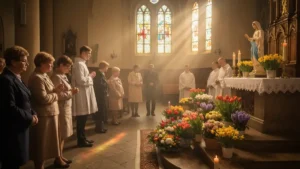 Wierni modlący się podczas nabożeństwa majowego przed figurą Matki Bożej udekorowaną kwiatami