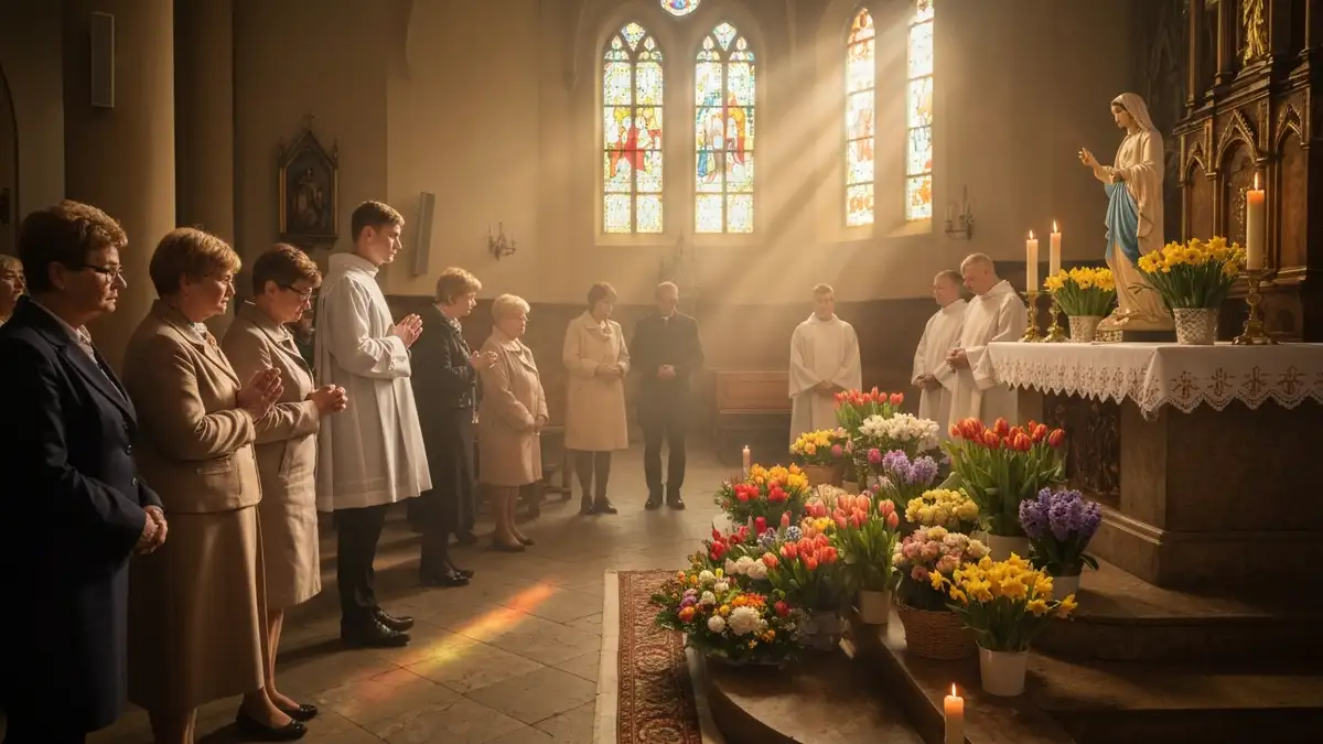 Wierni modlący się podczas nabożeństwa majowego przed figurą Matki Bożej udekorowaną kwiatami