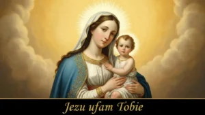Obraz Bożego Miłosierdzia z napisem Jezu ufam Tobie na tle promieni bialego i czerwonego swiatla