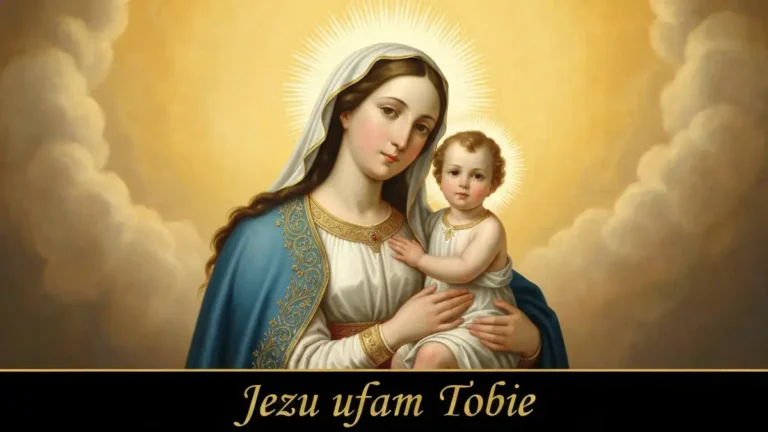 Obraz Bożego Miłosierdzia z napisem Jezu ufam Tobie na tle promieni bialego i czerwonego swiatla