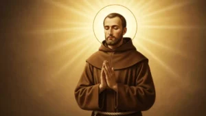 Ikona świętego Charbela Makhloufa z promieniami swiatla symbolizujacymi uzdrowienie, styl religijny