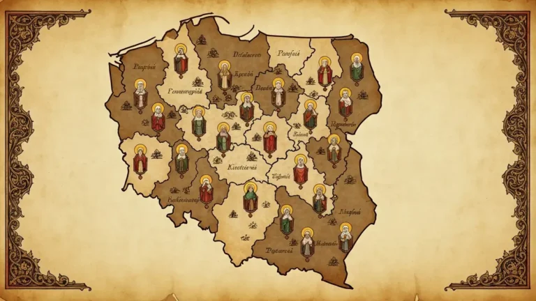 Mapa Polski z ikonami swietych patronow poszczegolnych diecezji katolickich