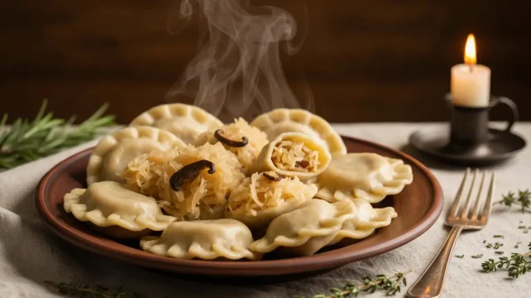 Pierogi z kapustą i grzybami na talerzu wigilijnym, tradycyjny przepis klasztorny siostry Anastazji