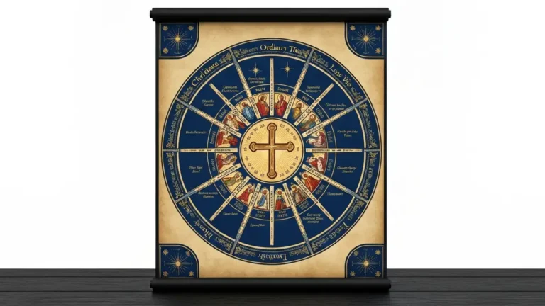 Kolorowy okragly schemat roku liturgicznego Kosciola katolickiego z zaznaczonymi okresami i kolorami liturgicznymi