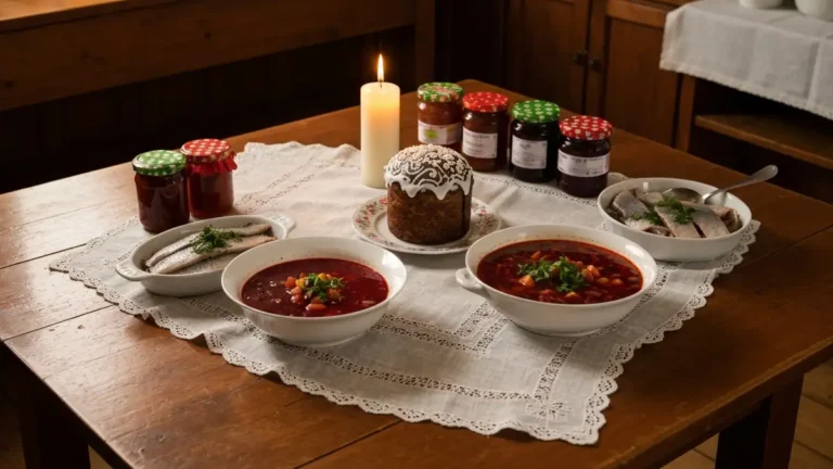 Klasztorny stół z potrawami liturgicznymi na przestrzeni roku - mazurek, barszcz wigilijny, potrawy postne, przetwory