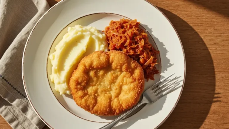 Klasyczny kotlet schabowy panierowany zloty na talerzu z ziemniakami i kapusta