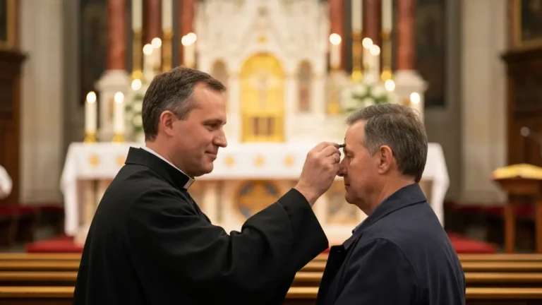 Kapłan posypuje popiołem głowę wiernego podczas Mszy Świętej w Środę Popielcową