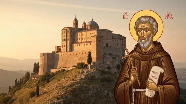 Swiety Benedykt z Nursji trzymajacy Regule i krzyz na tle klasztoru Monte Cassino